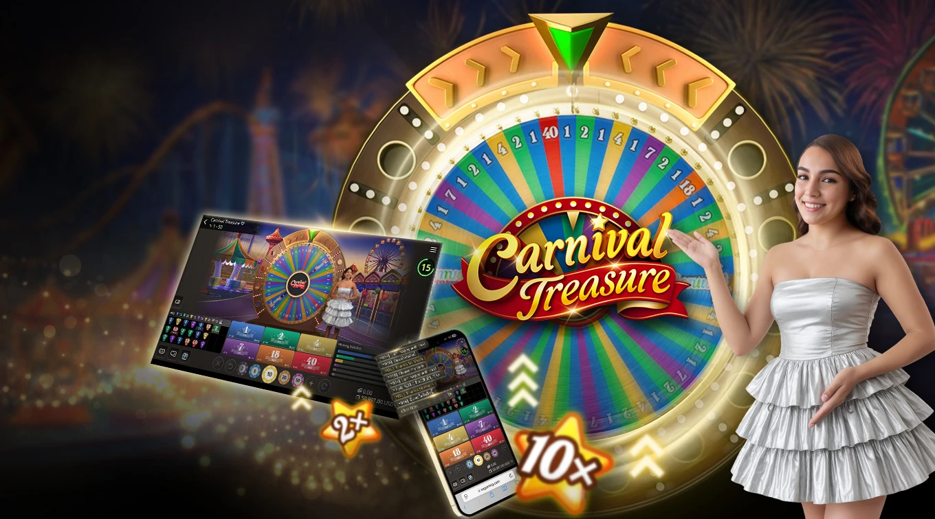 Graphic promoting SA Gaming's 'Carnival Treasure' game, featuring a woman in white and red on the right, a screen and smartphone displaying the game on the left, set against a carnival background.