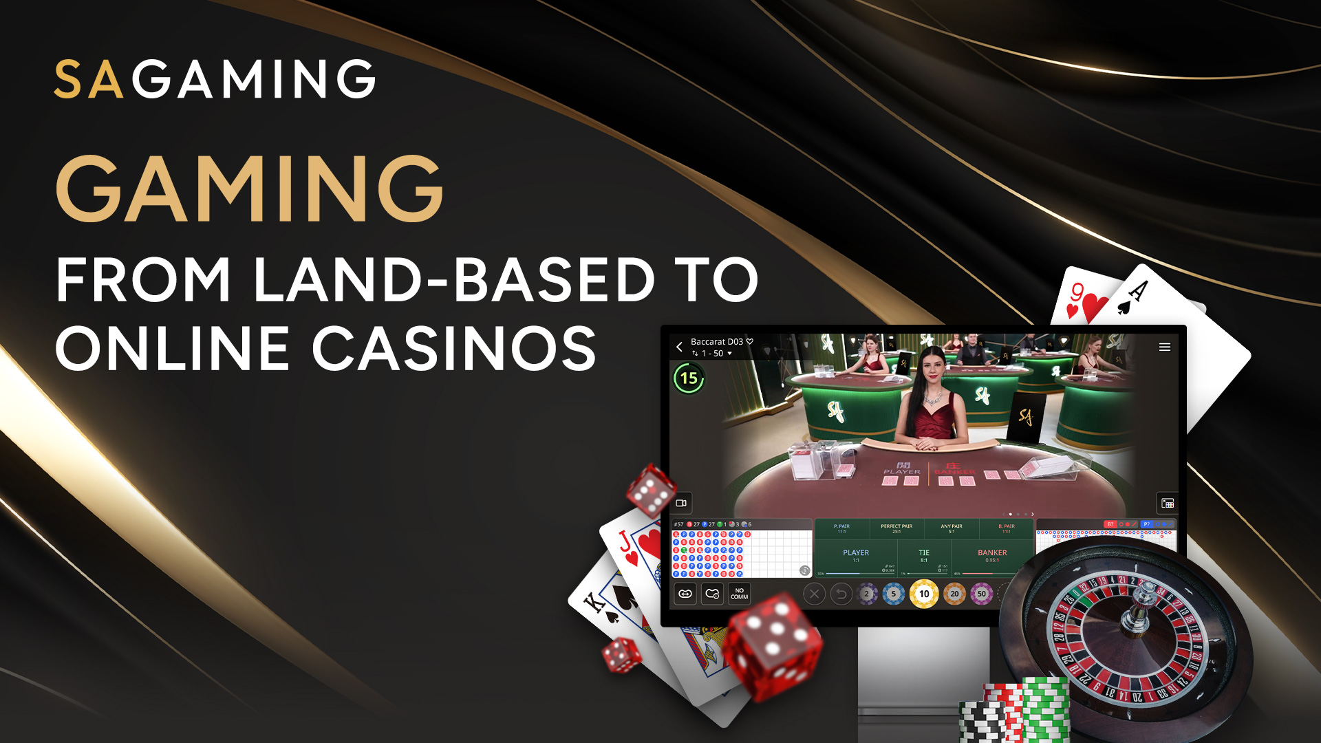 A graphic for SA Gaming, showcasing the transition from land-based to online casinos, featuring a dealer and gaming elements.